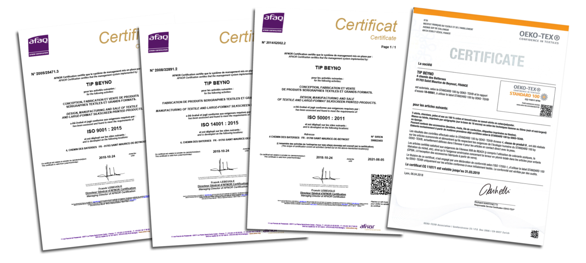 Certifications ISO et OEKO-TEX